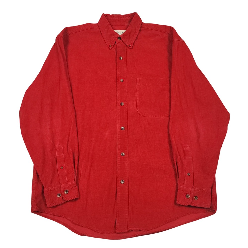 Vintage Eddie Bauer Shirt Mens M Red Corduroy Button Up Cotton Pocket Outdoor